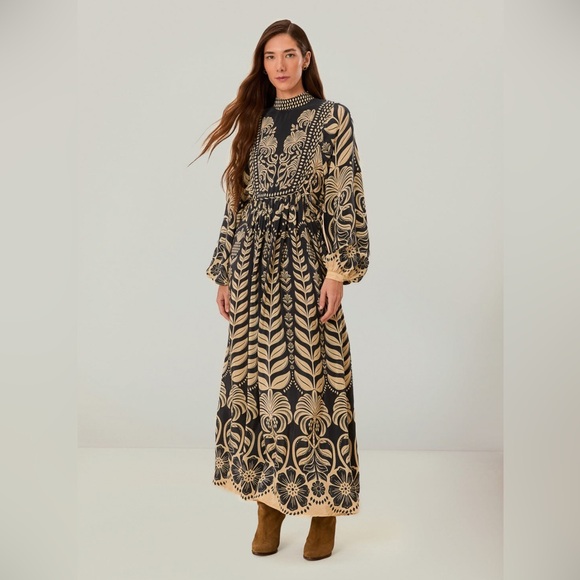 FARM Rio Dresses & Skirts - FARM Rio Black and Beige Maxi Dress with Botanical Print